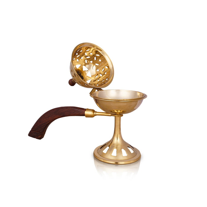 Dhoop Stand With Wooden Handle - 8 x 8 Inches | Brass Dhup Dhani With Lid/ Sambrani Stand for Pooja/ 425 Gms - Sambrani Stand