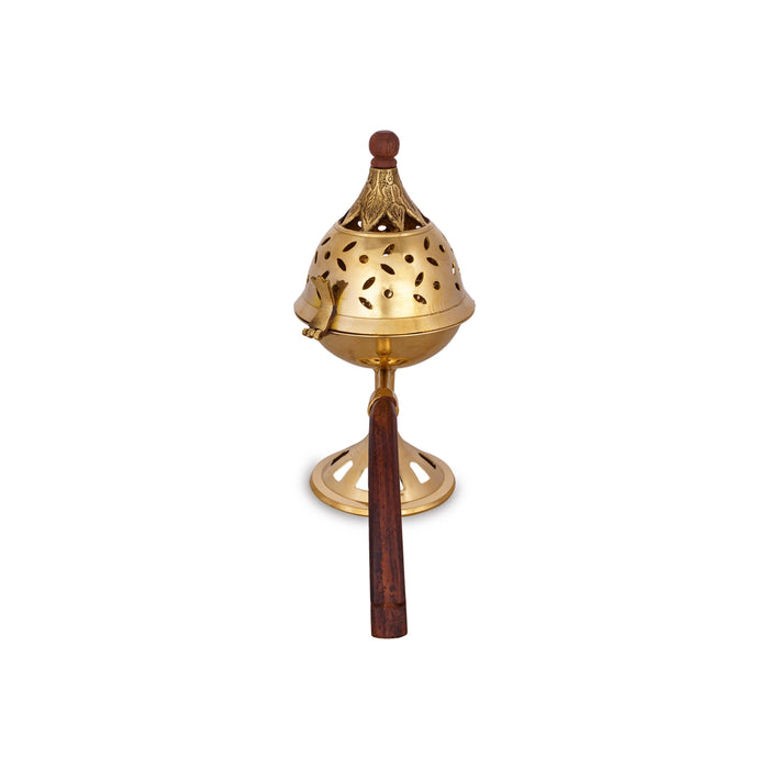 Dhoop Stand With Wooden Handle - 8 x 8 Inches | Brass Dhup Dhani With Lid/ Sambrani Stand for Pooja/ 425 Gms - Sambrani Stand