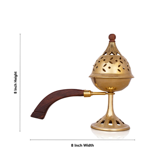 Dhoop Stand With Wooden Handle - 8 x 8 Inches | Brass Dhup Dhani With Lid/ Sambrani Stand for Pooja/ 425 Gms - Sambrani Stand