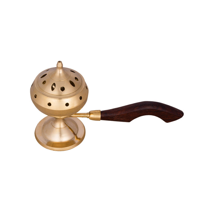 Dhoop Stand With Wooden Handle - 5 x 8 Inches | Brass Sambrani Holder With Lid/ Dhoop Dhani for Pooja/ 195 Gms - Sambrani Stand