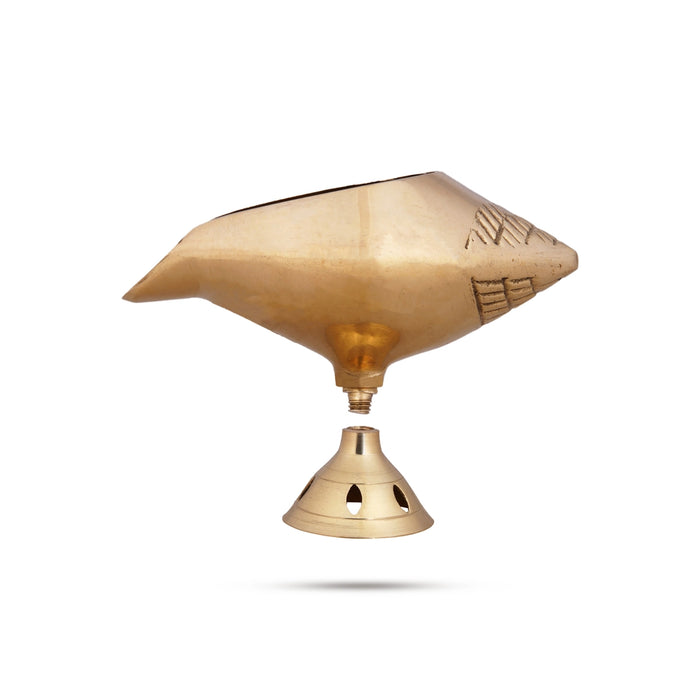 Shankh Shape Brass Lamp With Base - 3.5 x 4 Inches | Brass Deepam/ Brass Pooja Diya/ Brass Vilakku for Home - Decorative Lamp