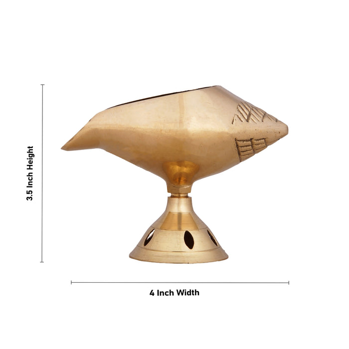 Shankh Shape Brass Lamp With Base - 3.5 x 4 Inches | Brass Deepam/ Brass Pooja Diya/ Brass Vilakku for Home - Decorative Lamp
