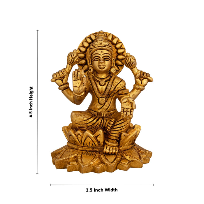 Lakshmi Idol Sitting On Lotus - 4.5 x 3.5 Inches | Antique Brass Idol/ Laxmi Idol for Pooja/ 865 Gms Approx - Brass Murties