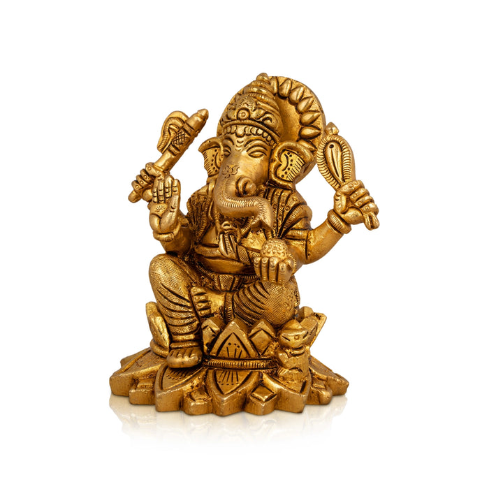 Ganesh Murti Sitting On Lotus - 4.5 x 4 Inches | Antique Brass Idol/ Ganpati Murti for Pooja/ 1.005 Kgs Approx - Brass Murties