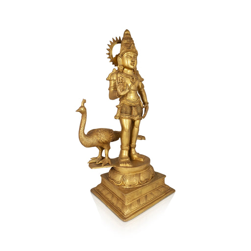 Murugar With Peacock on Base Murti - 28 x 11 Inches | Antique Brass Idol/ Murugan Statue Decor For Home & Pooja - Brass Murties