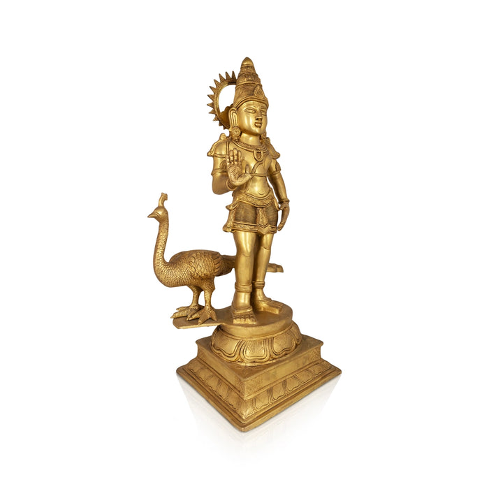 Murugar With Peacock on Base Murti - 28 x 11 Inches | Antique Brass Idol/ Murugan Statue Decor For Home & Pooja - Brass Murties