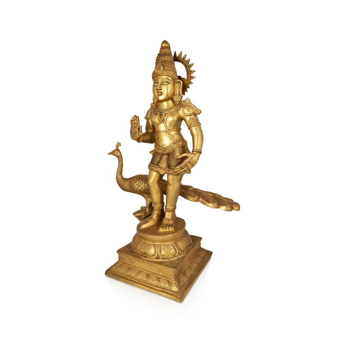 Murugar With Peacock on Base Murti - 28 x 11 Inches | Antique Brass Idol/ Murugan Statue Decor For Home & Pooja - Brass Murties