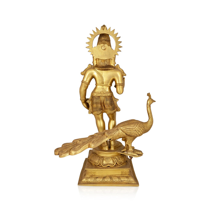 Murugar With Peacock on Base Murti - 28 x 11 Inches | Antique Brass Idol/ Murugan Statue Decor For Home & Pooja - Brass Murties