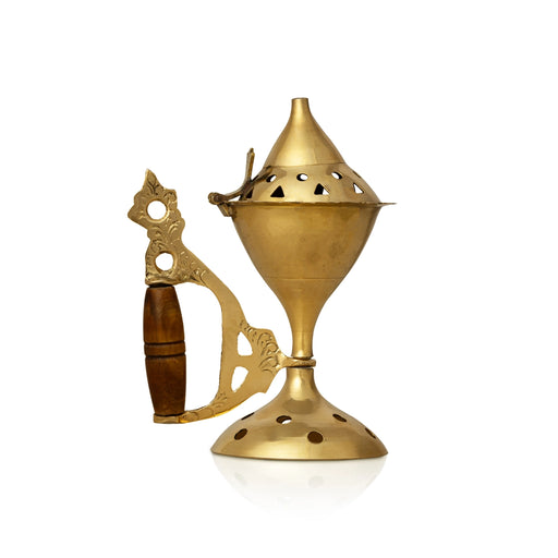 Dhoop Stand With Wooden Handle - 5 x 3.5 Inches | Brass Sambrani Stand With Lid/ Dhoop Batti Stand for Pooja - Sambrani Stand