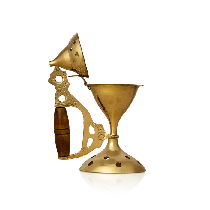 Dhoop Stand With Wooden Handle - 5 x 3.5 Inches | Brass Sambrani Stand With Lid/ Dhoop Batti Stand for Pooja - Sambrani Stand