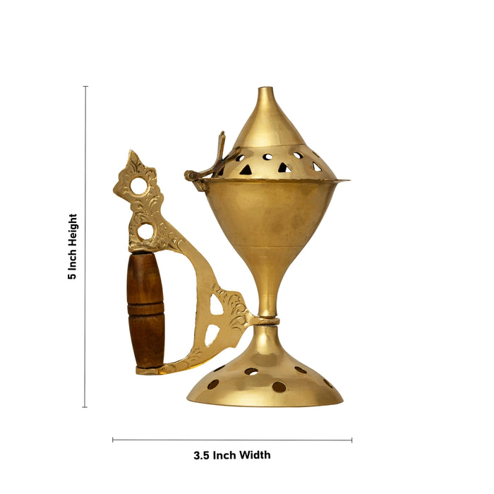 Dhoop Stand With Wooden Handle - 5 x 3.5 Inches | Brass Sambrani Stand With Lid/ Dhoop Batti Stand for Pooja - Sambrani Stand