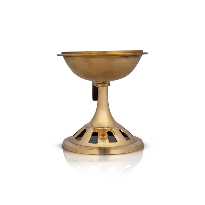 Dhoop Dhani With Lid - 7 x 8 Inches | Brass Dhup Dhani With Wooden Handle/ Sambrani Burner for Pooja/ 355 Gms - Sambrani Stand