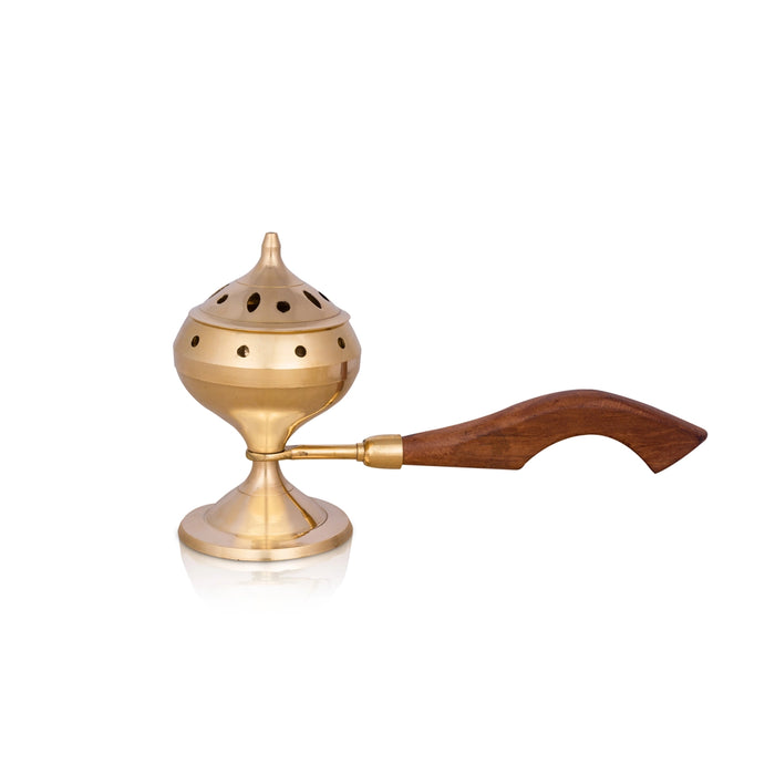 Dhoop Dhani With Lid - 6 x 9 Inches | Brass Dhup Dhani With Wooden Handle/ Sambrani Burner for Pooja/ 325 Gms - Sambrani Stand