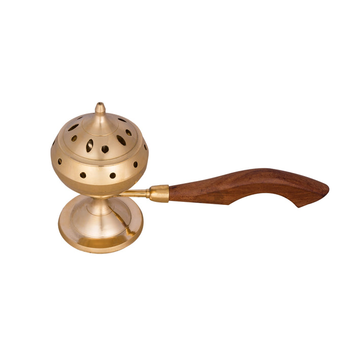 Dhoop Dhani With Lid - 6 x 9 Inches | Brass Dhup Dhani With Wooden Handle/ Sambrani Burner for Pooja/ 325 Gms - Sambrani Stand