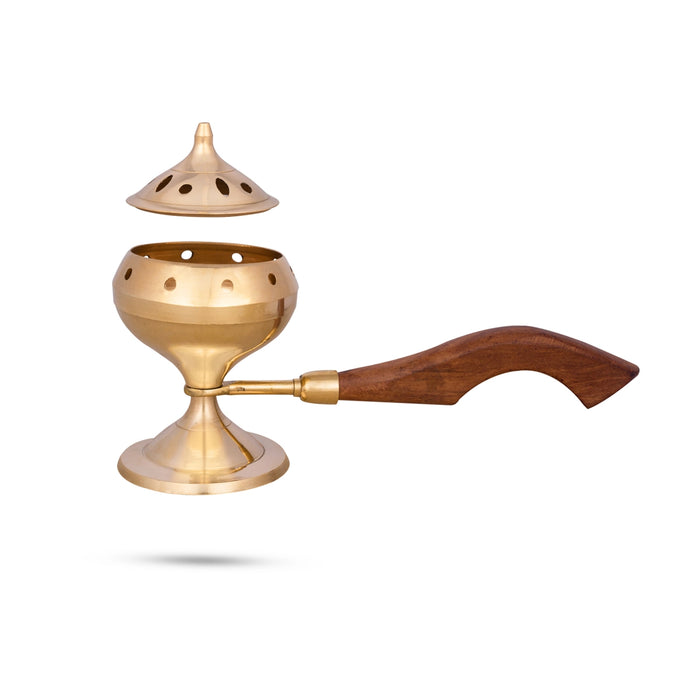 Dhoop Dhani With Lid - 6 x 9 Inches | Brass Dhup Dhani With Wooden Handle/ Sambrani Burner for Pooja/ 325 Gms - Sambrani Stand