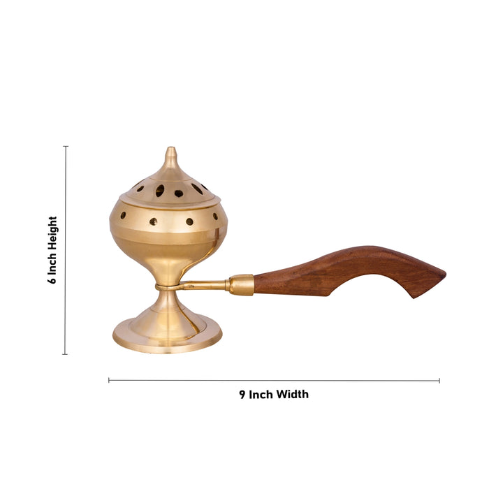 Dhoop Dhani With Lid - 6 x 9 Inches | Brass Dhup Dhani With Wooden Handle/ Sambrani Burner for Pooja/ 325 Gms - Sambrani Stand
