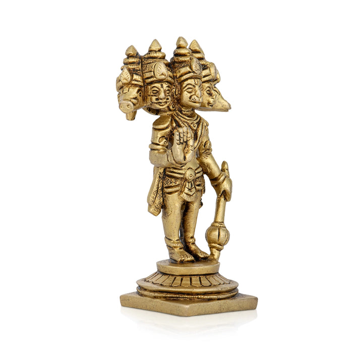 Panchmukhi Hanuman Murti Standing On Base - 4.5 x 2.5 Inches | Antique Brass Idol/ 5 Face Anjaneya Statue for Pooja - Brass Murties
