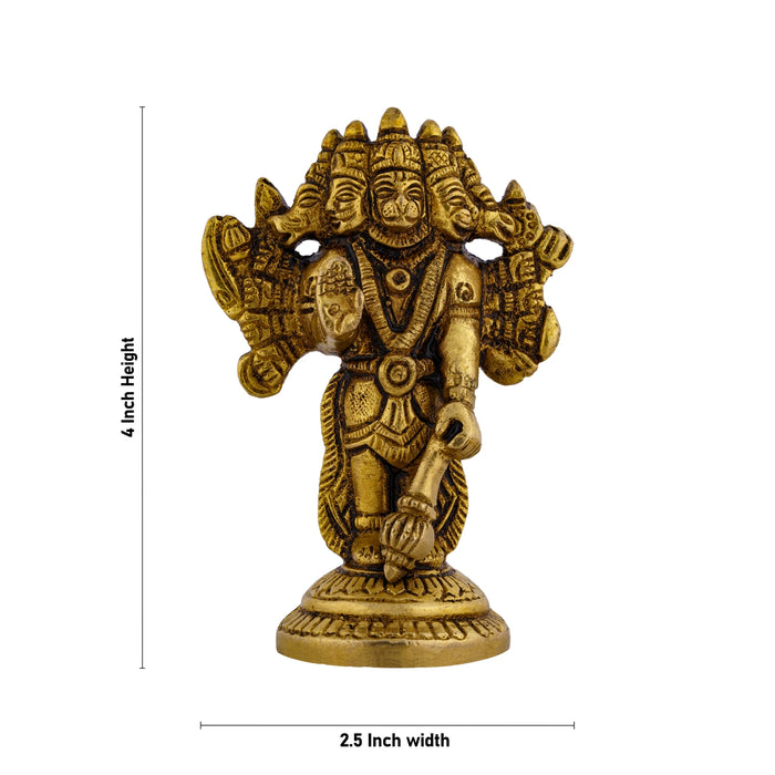 Panchmukhi Hanuman Murti Standing On Base - 4 x 2.5 Inches | Antique Brass Idol/ 5 Face Anjaneya Statue for Pooja - Brass Murties