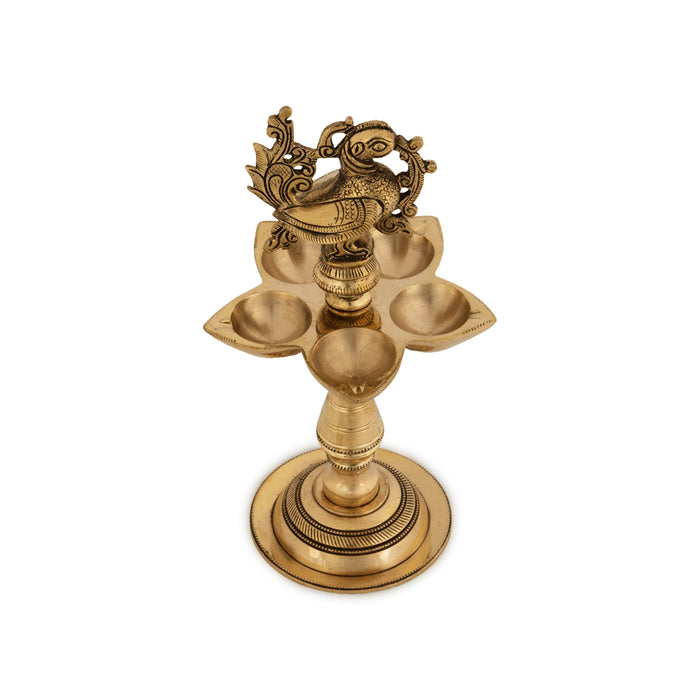 5 Face Vilakku With Annam Design - 9.5 x 5 Inches | Antique Brass Lamp/ Brass Deepam for Pooja/ 1.630 Kgs Approx - 5 Faced lamp