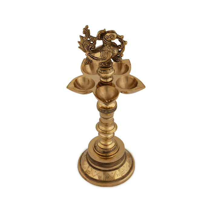 5 Face Vilakku With Annam Design - 12 x 5 Inches | Antique Brass Lamp/ Brass Deepam for Pooja/ 2.145 Kgs Approx - 5 Faced lamp