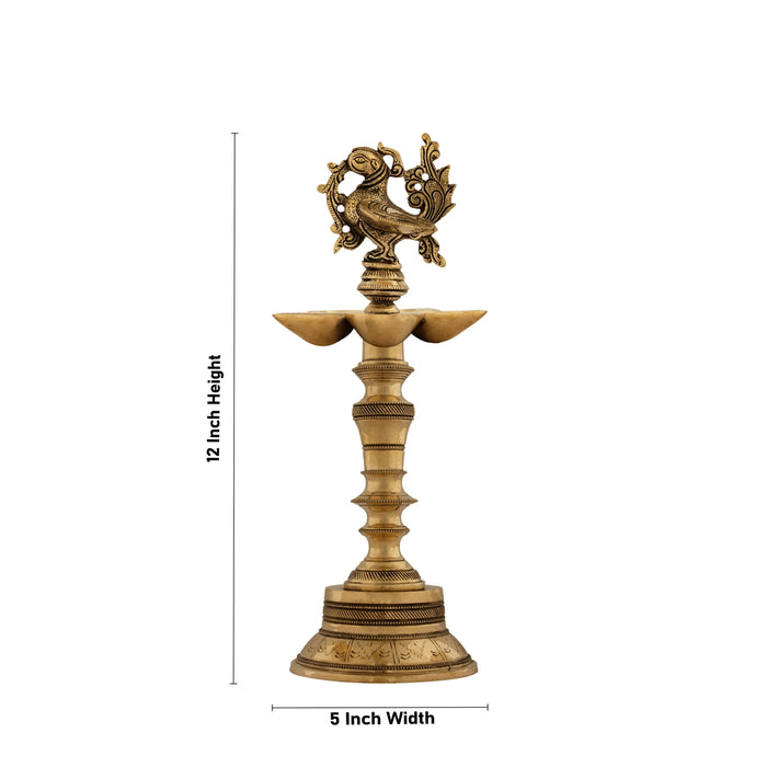 5 Face Vilakku With Annam Design - 12 x 5 Inches | Antique Brass Lamp/ Brass Deepam for Pooja/ 2.145 Kgs Approx - 5 Faced lamp