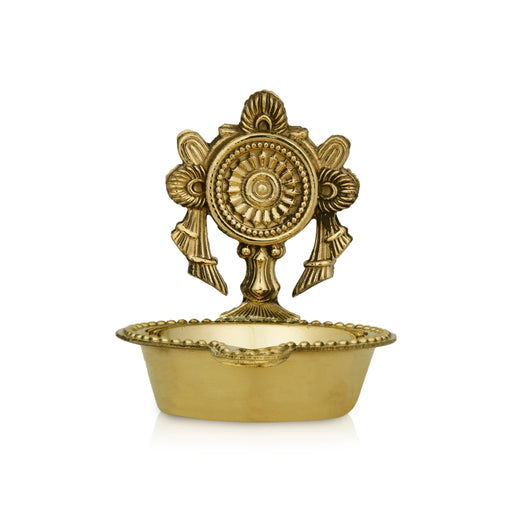 Brass Lamp - 2.25 x 2 Inches | Chakra Design Brass Vilakku/ Brass Deepam for Pooja - Deity Lamps