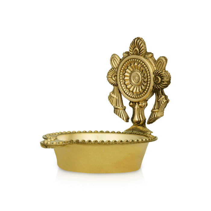 Brass Lamp - 2.25 x 2 Inches | Chakra Design Brass Vilakku/ Brass Deepam for Pooja - Deity Lamps