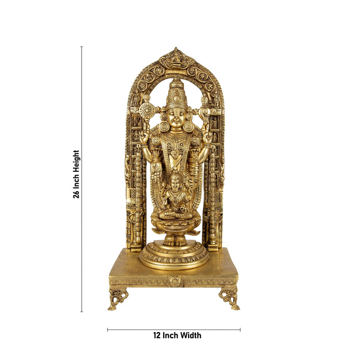 Vishnu Lakshmi Idol With Arch Standing On Chowki - 26 x 12 Inches | Antique Brass Idol/ Balaji Murti With Laxmi Idol - Brass Murties