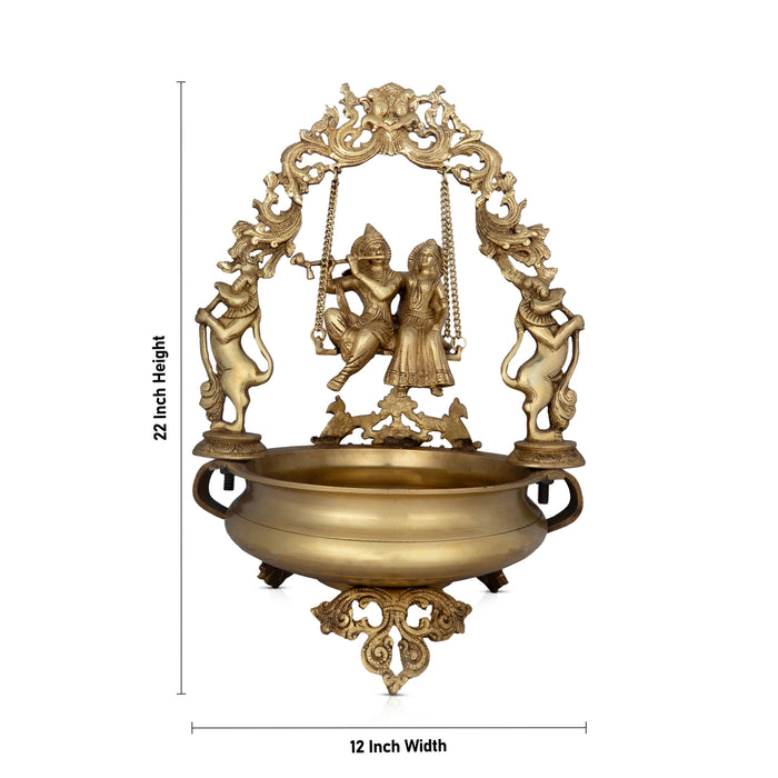 Flower Pot With Radha Krishna - 22 x 12 Inches | Brass Urli With Stand/ Uruli for Living Room/ 12.060 Kgs Approx - Uruli & Flower Pot
