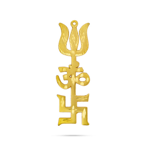 Om Swastik Trishul - 5 x 1.5 Inches | Metal Om Swastik Design Astras/ Gold Polish Om Swastik Soolam for Deity - Deity Accessories