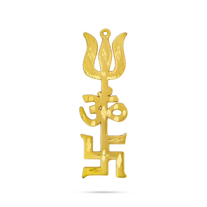 Om Swastik Trishul - 5 x 1.5 Inches | Metal Om Swastik Design Astras/ Gold Polish Om Swastik Soolam for Deity - Deity Accessories