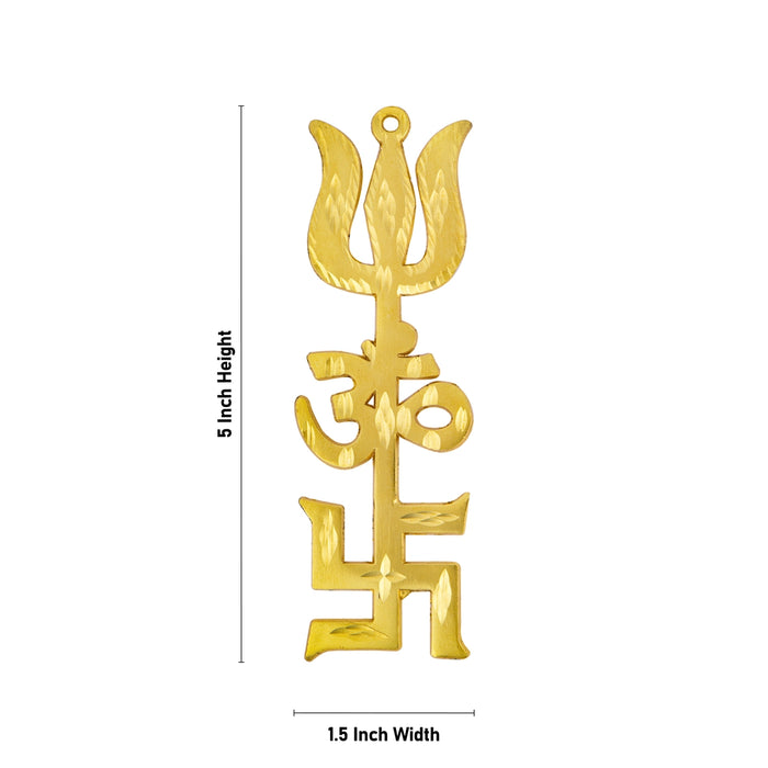Om Swastik Trishul - 5 x 1.5 Inches | Metal Om Swastik Design Astras/ Gold Polish Om Swastik Soolam for Deity - Deity Accessories