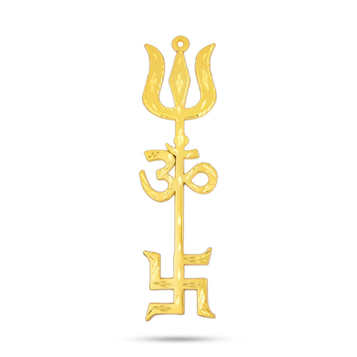 Om Swastik Trishul - 8.5 x 2.25 Inches | Metal Om Swastik Design Astras/ Gold Polish Om Swastik Soolam for Deity - Deity Accessories
