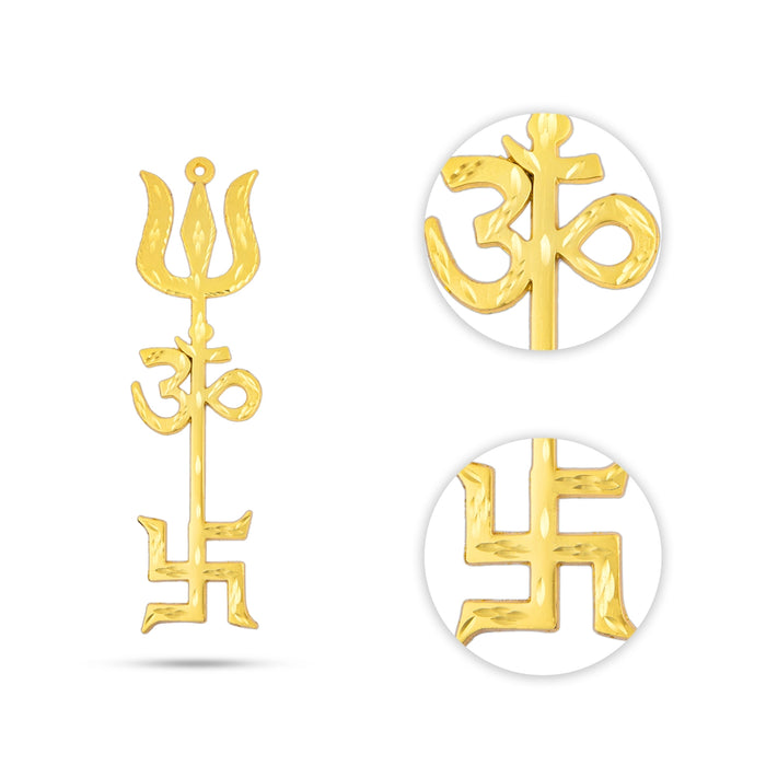 Om Swastik Trishul - 8.5 x 2.25 Inches | Metal Om Swastik Design Astras/ Gold Polish Om Swastik Soolam for Deity - Deity Accessories