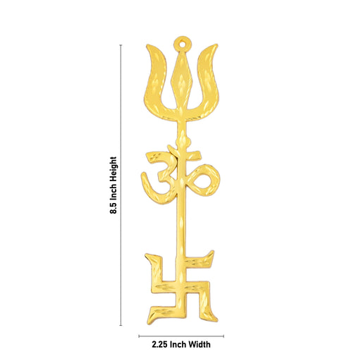 Om Swastik Trishul - 8.5 x 2.25 Inches | Metal Om Swastik Design Astras/ Gold Polish Om Swastik Soolam for Deity - Deity Accessories