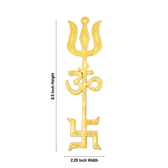Om Swastik Trishul - 8.5 x 2.25 Inches | Metal Om Swastik Design Astras/ Gold Polish Om Swastik Soolam for Deity - Deity Accessories