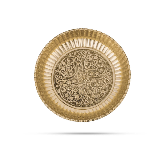 Brass Plate - 1 x 4.75 Inches | Engraved Flower Design Thali Plate/ Pooja Plate for Home - Pooja Plate & Tray
