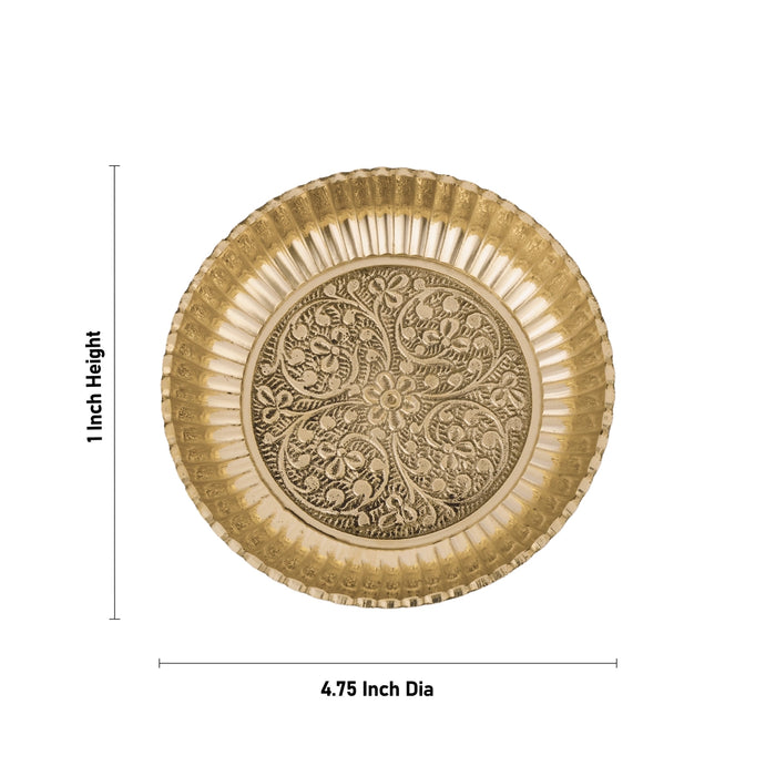 Brass Plate - 1 x 4.75 Inches | Engraved Flower Design Thali Plate/ Pooja Plate for Home - Pooja Plate & Tray