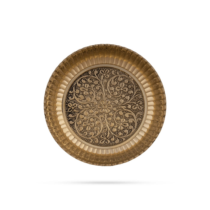Brass Plate - 1 x 5.5 Inches | Engraved Flower Design Thali Plate/ Pooja Plate for Home - Pooja Plate & Tray