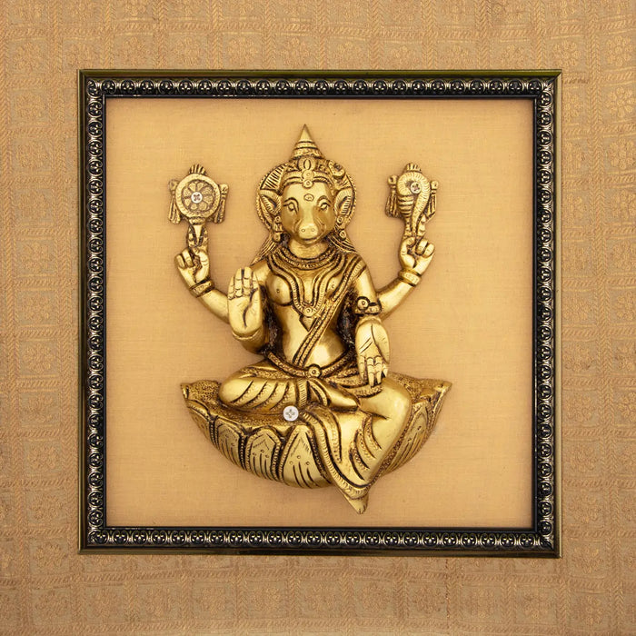 Brass Varahi Amman Statue Framed On Raw Silk Photo Frame - 15 x 15 Inches | Varahi Picture Frame for Wall Decor - Hindu God Photos & Frames