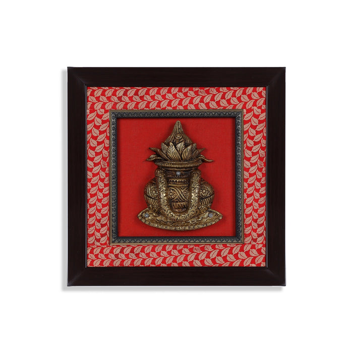 Brass Kalash Framed On Raw Silk Photo Frame - 15 x 15 Inches | Kalasam Picture Frame for Wall Decor - Hindu God Photos & Frames