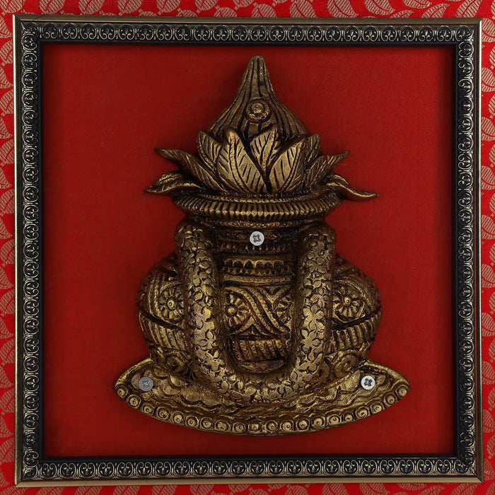 Brass Kalash Framed On Raw Silk Photo Frame - 15 x 15 Inches | Kalasam Picture Frame for Wall Decor - Hindu God Photos & Frames