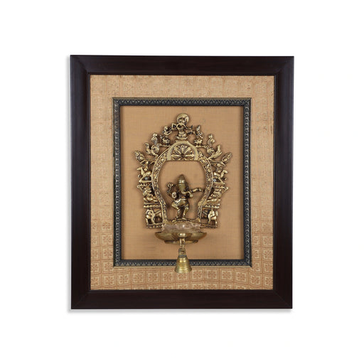 Brass Dancing Ganesh Murti With Diya Framed On Raw Silk Photo Frame - 18 x 15.5 Inches | Ganpati Picture Frame - Hindu God Photos & Frames