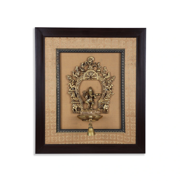 Brass Dancing Ganesh Murti With Diya Framed On Raw Silk Photo Frame - 18 x 15.5 Inches | Ganpati Picture Frame - Hindu God Photos & Frames