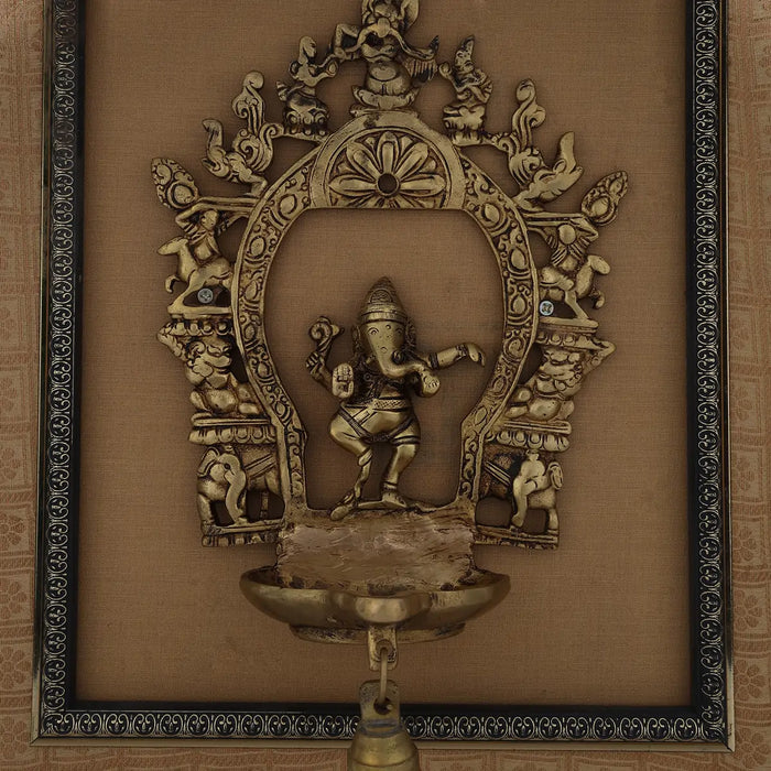 Brass Dancing Ganesh Murti With Diya Framed On Raw Silk Photo Frame - 18 x 15.5 Inches | Ganpati Picture Frame - Hindu God Photos & Frames