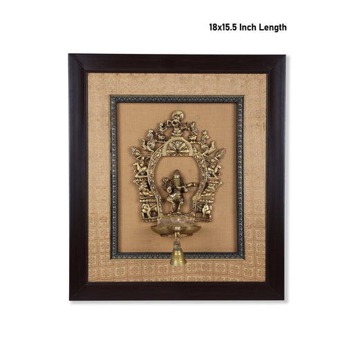 Brass Dancing Ganesh Murti With Diya Framed On Raw Silk Photo Frame - 18 x 15.5 Inches | Ganpati Picture Frame - Hindu God Photos & Frames