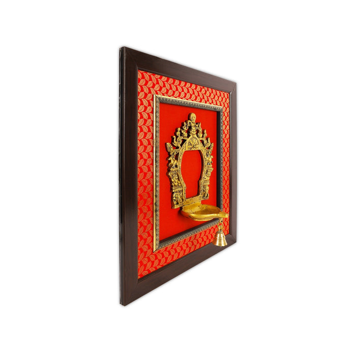 Brass Arch With Diya Framed On Raw Silk Photo Frame - 18 x 15.5 Inches | Thiruvachi With Bell Picture Frame - Hindu God Photos & Frames