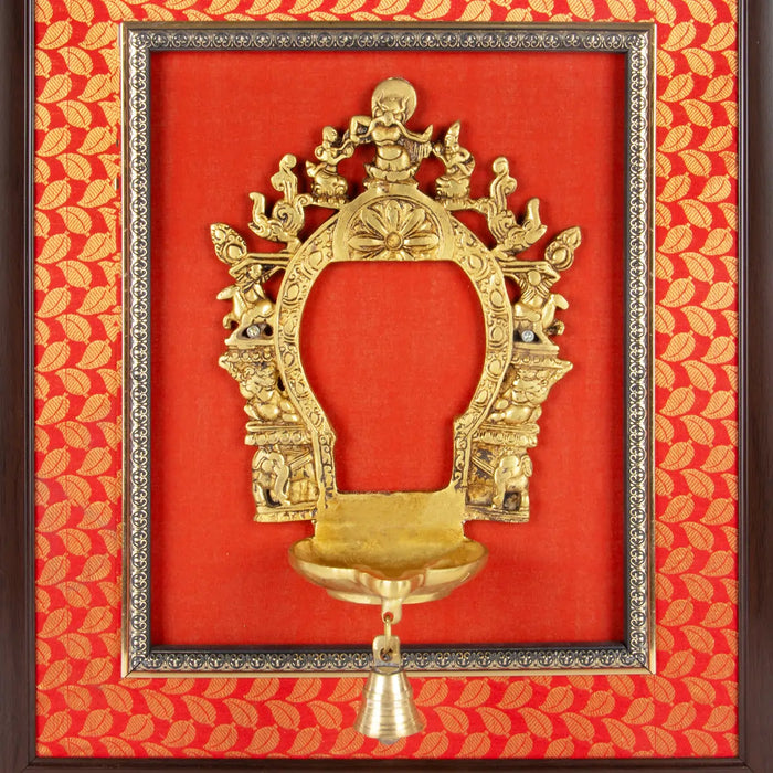 Brass Arch With Diya Framed On Raw Silk Photo Frame - 18 x 15.5 Inches | Thiruvachi With Bell Picture Frame - Hindu God Photos & Frames