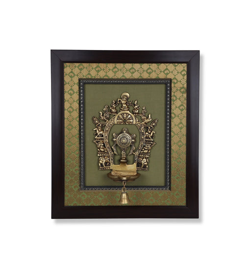 Brass Arch Chakra With Diya Framed On Raw Silk Photo Frame - 18 x 15.5 Inches | Thiruvachi &Bell Picture Frame - Hindu God Photos & Frames