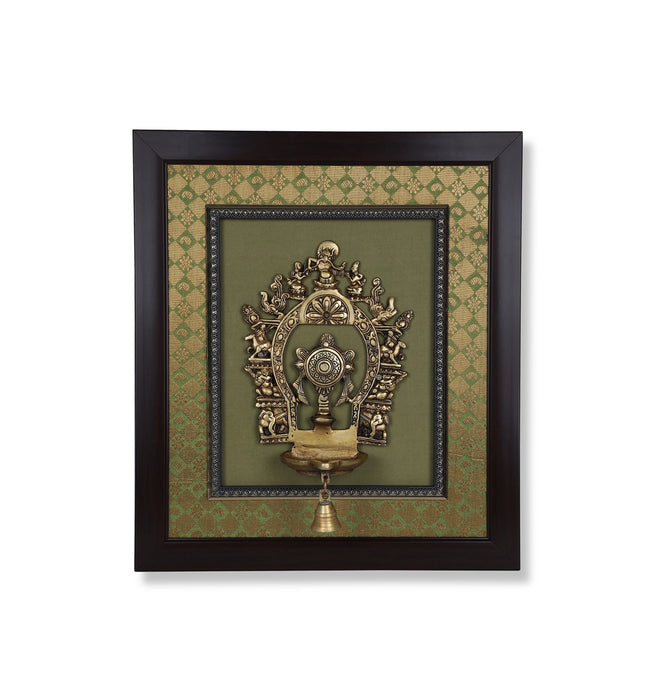 Brass Arch Chakra With Diya Framed On Raw Silk Photo Frame - 18 x 15.5 Inches | Thiruvachi &Bell Picture Frame - Hindu God Photos & Frames